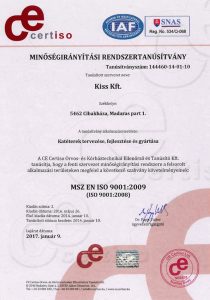 Tanusítvány ISO 9001:2009